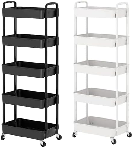 Prince horizon 3-5 Tier Rolling Utility Cart, Multifunctional Metal Frame Storage Cart for Office, Home, Kitchen, Bedroom, Bathroom, Laundry Room (White, 27x44x104 CM)