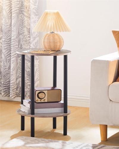 CHOEZON Round Side Table, 2-Tier End Table, Small Round Nightstand with Sturdy Metal Tube, Industrial Coffee Table Round, for Living Room, Bedroom, Greige and Black TBZ01BG