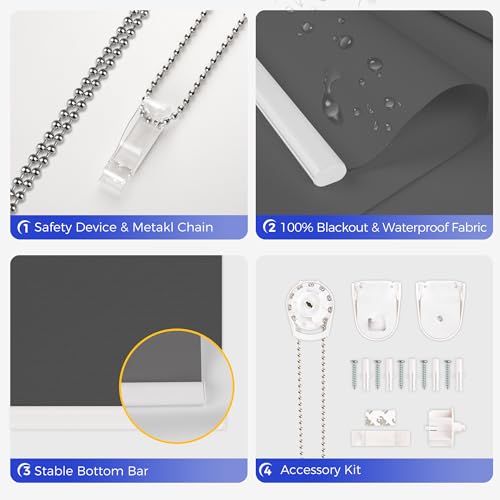 Allesin 100% Blackout Roller Shades, Blinds for Windows with Thermal Insulated & UV Protection Waterproof Fabric