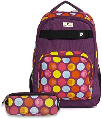Pierre Cardin 2pcs Set Kids School Backpack with Pencil Case Dimensions: 47x34x15cm (PC23831-Purple with Polka Dots)