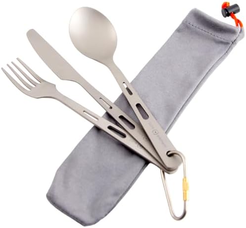 CORE ELEMENT CE 100% Titanium Three-Piece Utensil Set Fork Knife Spoon Outdoor Ultralight Portable Open Campfire Flatware for Camping Backpacking