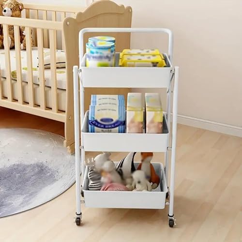 Prince horizon 3 Tier Utility Rolling Cart Foldable Metal Cart with Caster Wheels Rolling Multifunction Storage Unit with Locking Wheels for Bathroom Kitchen (White, 45X30X85 CM)
