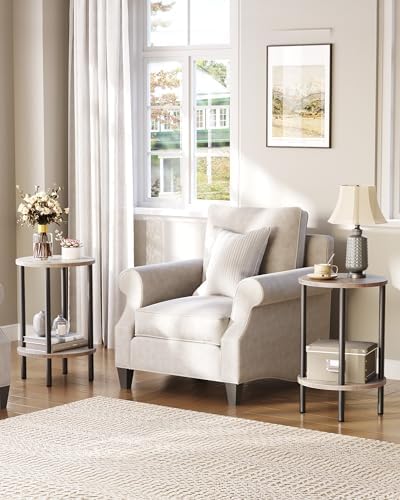 CHOEZON Round Side Table, 2-Tier End Table, Small Round Nightstand with Sturdy Metal Tube, Industrial Coffee Table Round, for Living Room, Bedroom, Greige and Black TBZ01BG