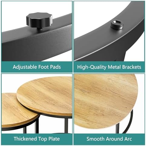 Smuxee Nesting Coffee Table Set of 2, 23.6" Round Coffee Table Brown Wood with Adjustable Non-Slip Feet, Industrial End Table Side Tables for Living Room Bedroom Balcony Yard