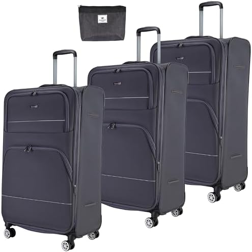 Pierre Cardin Softside Luggage Set of 3 Extra Large Size, Premium and Lightweight Fabric Material Suitcase, ANTI Theft Double Zipper, Expandable, 4 Double Wheels (Grey)
