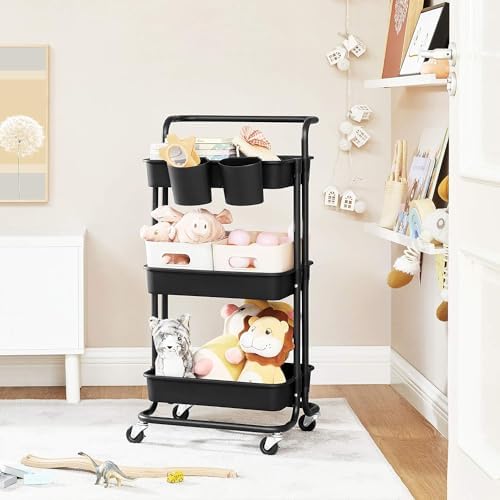 Prince horizon Rolling Storage Utility Cart, Multifunctional Metal Frame Storage Cart for Office, Home, Kitchen, Bedroom, Bathroom, Laundry Room (Black, 39x36x80 CM)