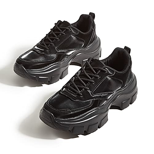 SIZE: 39 - LUCKY STEP Women Chunky Platform Dad Colorblock White Neon Green Fuchsia Hologram Silver Casual Lace-Up Walking Sneakers(Black with Chain,7 B(M) US)