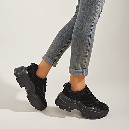 SIZE: 39 - LUCKY STEP Women Chunky Platform Dad Colorblock White Neon Green Fuchsia Hologram Silver Casual Lace-Up Walking Sneakers(Black with Chain,7 B(M) US)