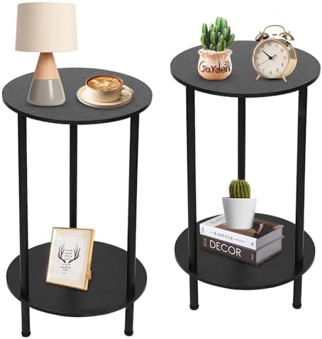 BITYODD Round Side Table Set of 2, Black Round End Table with Storage, 2-Tier Modern Accent, Small Bedside Table for Living Room, Bedroom-Black