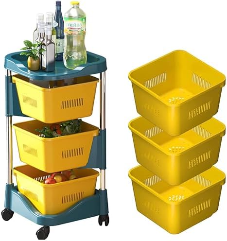 Prince horizo Multi-Layer Kitchen Storage Shelf,metal pp Rotatable Kitchen Fruit Vegetable Storage Basket, Square Kitchen Storage Rack Floor Standingn (Black, 34x34x61 CM)