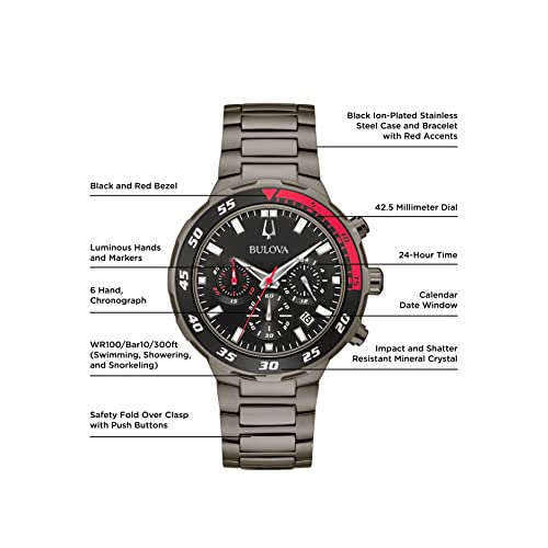 Bulova Men's Classic Sport Black Ion Plated Stainless Steel 6 Hand Chronograph Quartz Watch