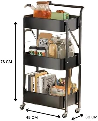 Prince horizon 3 Tier Utility Rolling Cart Foldable Metal Cart with Caster Wheels Rolling Multifunction Storage Unit with Locking Wheels for Bathroom Kitchen (White, 45X30X78 CM)
