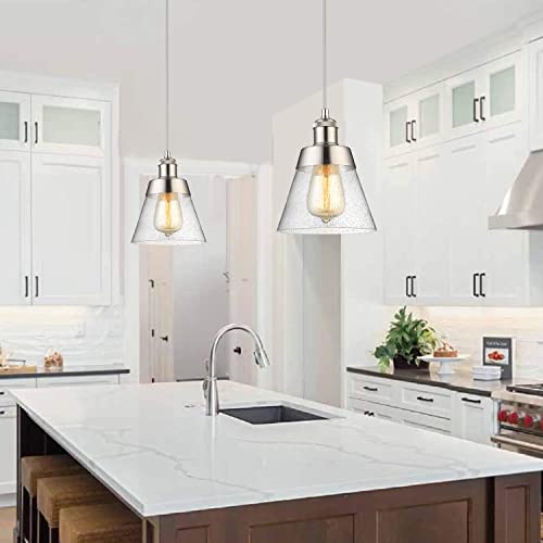 Modern Glass Pendant Light with Handblown Clear Seeded Glass Shade, Brushed Nickel