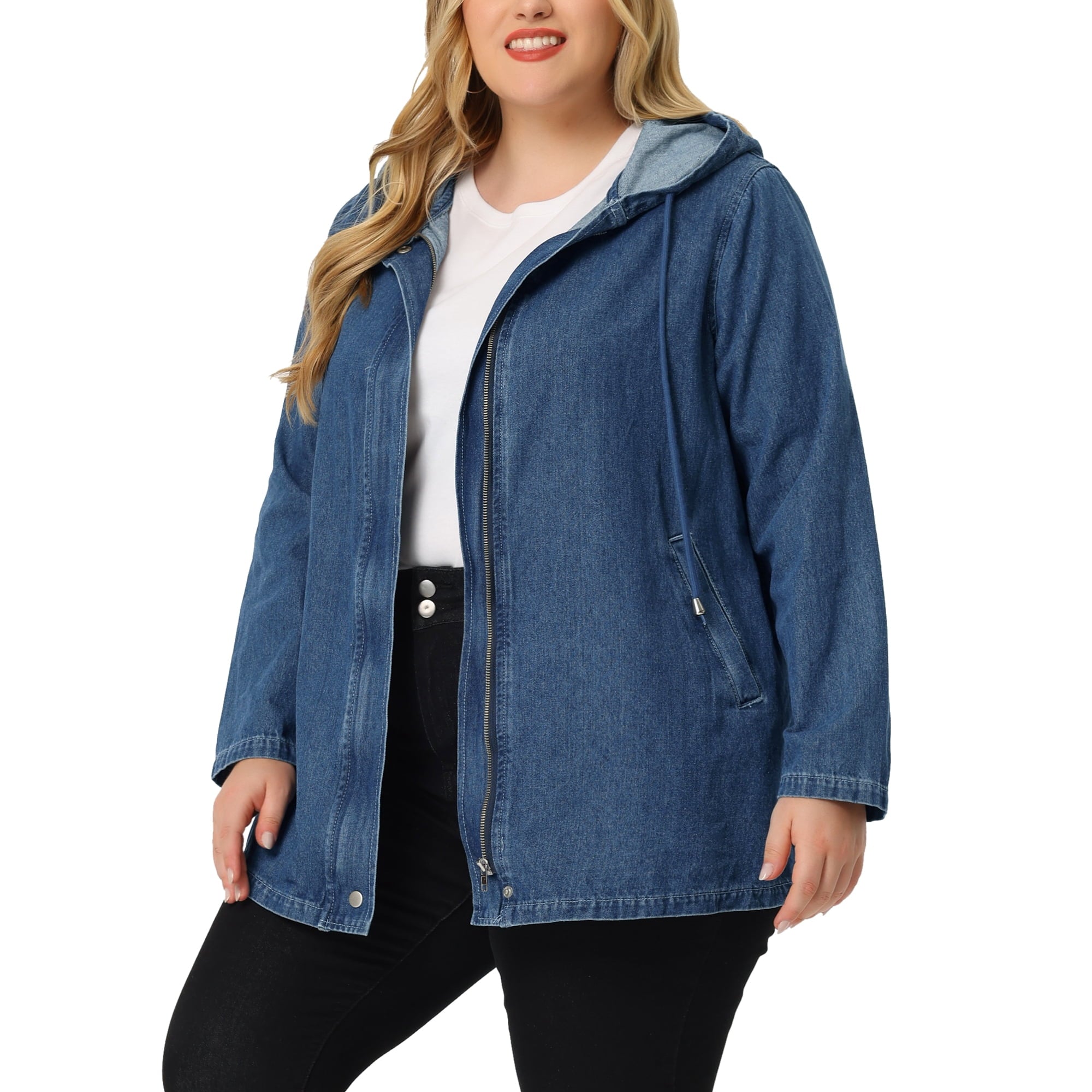 SIZE: 3XL - Agnes Orinda Women's Plus Size Layered Drawstring Hood Denim Utility Jacket with Pockets Blue