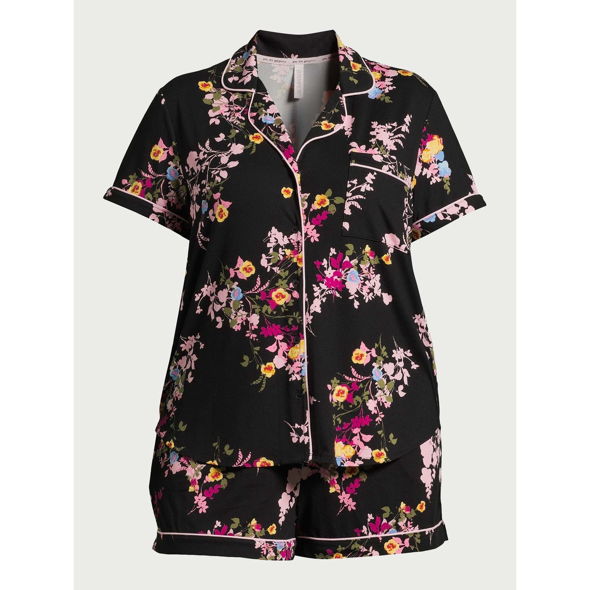 المقاس: كبير (12-14) - طقم بيجامة نسائي من Joyspun، مكون من بلوزة وشورت محبوكين بياقة مدببة، قطعتين