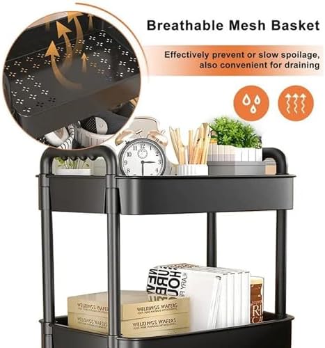 Prince horizon 3-5 Tier Rolling Utility Cart, Multifunctional Metal Frame Storage Cart for Office, Home, Kitchen, Bedroom, Bathroom, Laundry Room (Black, 27x44x64 CM)