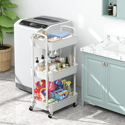 Prince horizon 2-3Tier Utility Rolling Cart Foldable Metal Cart with Caster Wheels Rolling Multifunction Storage Unit with Locking Wheels for Bathroom Kitchen Office (White, 30x46x76 CM)