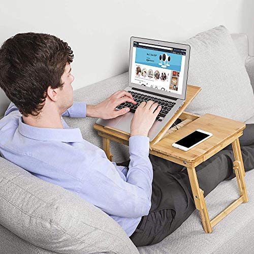SONGMICS Laptop Desk, Folding Lap Tray, Bamboo Bed Desk with Tilting Top