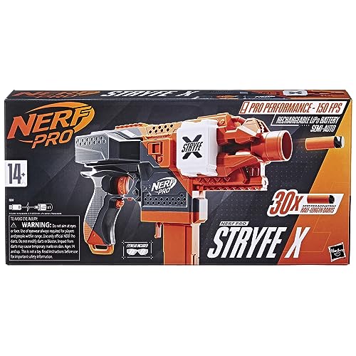 NERF Pro Stryfe X Dart Semi-Auto Blaster, Rechargeable LiPo Battery, 30 AccuStrike Half-Length Darts, 15-Dart Magazine, 150 FPS, Eyewear, 14+ (Amazon Exclusive)