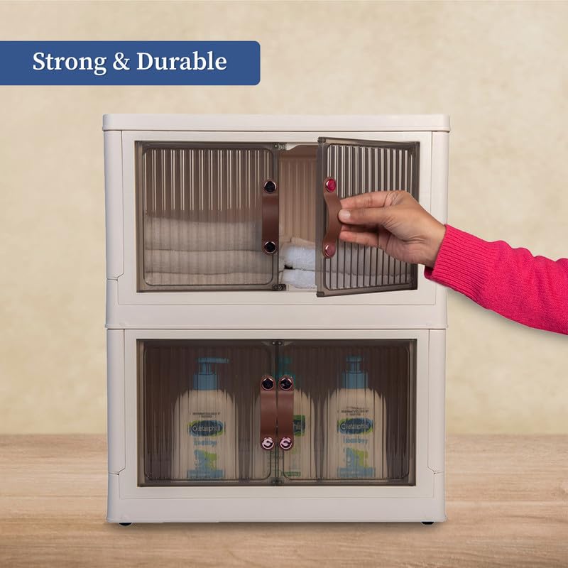 HomeStrap Plastic Rolling Stacker with Wheels (Pack Of 1) | Foldable Stackable Storage| Box Collapsible Storage Bins with Handle for Cloth, Spacesaver Organizer Storage Box with Door, Brown