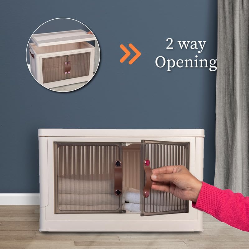 HomeStrap Plastic Rolling Stacker with Wheels (Pack Of 1) | Foldable Stackable Storage| Box Collapsible Storage Bins with Handle for Cloth, Spacesaver Organizer Storage Box with Door, Brown