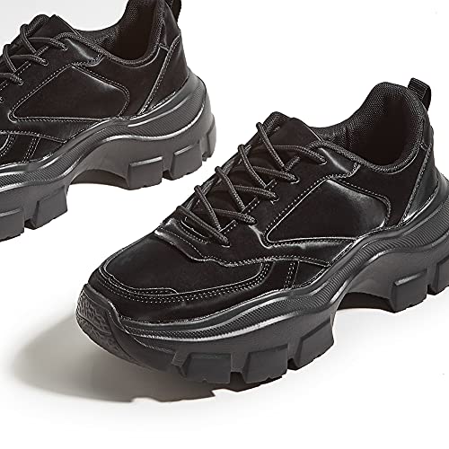 SIZE: 39 - LUCKY STEP Women Chunky Platform Dad Colorblock White Neon Green Fuchsia Hologram Silver Casual Lace-Up Walking Sneakers(Black with Chain,7 B(M) US)