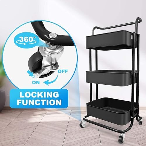 Prince horizon Rolling Storage Utility Cart, Multifunctional Metal Frame Storage Cart for Office, Home, Kitchen, Bedroom, Bathroom, Laundry Room (Black, 39x36x80 CM)