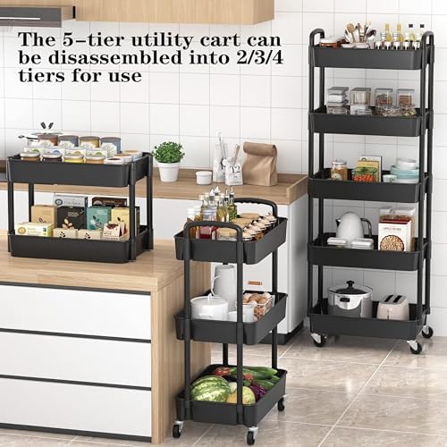 Prince horizon 3-5 Tier Rolling Utility Cart, Multifunctional Metal Frame Storage Cart for Office, Home, Kitchen, Bedroom, Bathroom, Laundry Room (White, 27x44x104 CM)