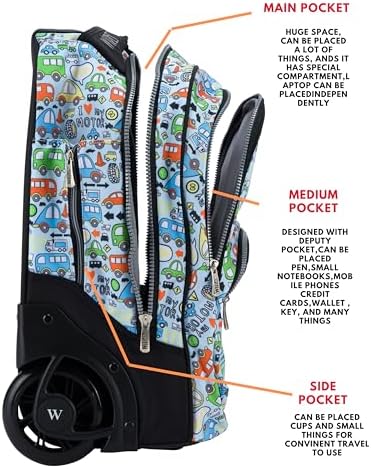 WIRES Trolley School bag 5 PCS set All in One 2 WHEEL Rolling Bag Incloude Pencil case, Lunch bag and trolley bag, Laptop Compartment, Anti Theft Zipper