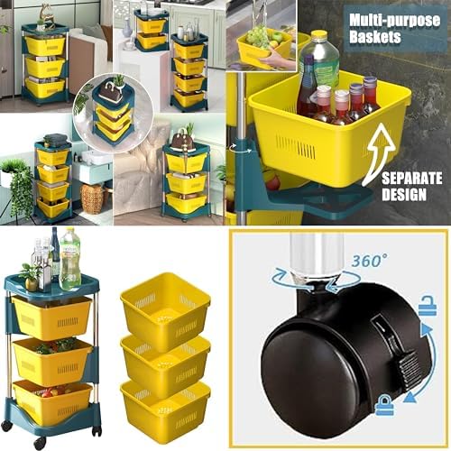 Prince horizo Multi-Layer Kitchen Storage Shelf,metal pp Rotatable Kitchen Fruit Vegetable Storage Basket, Square Kitchen Storage Rack Floor Standingn (Black, 34x34x61 CM)