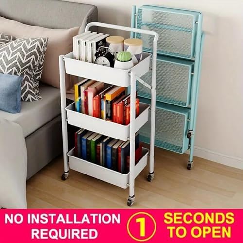 Prince horizon 3 Tier Utility Rolling Cart Foldable Metal Cart with Caster Wheels Rolling Multifunction Storage Unit with Locking Wheels for Bathroom Kitchen (White, 45X30X78 CM)