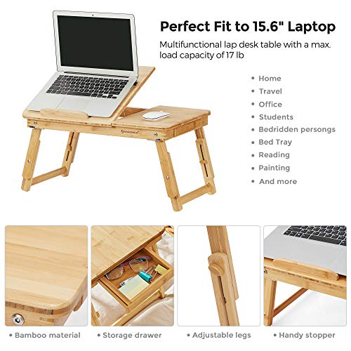 SONGMICS Laptop Desk, Folding Lap Tray, Bamboo Bed Desk with Tilting Top