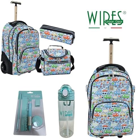 WIRES Trolley School bag 5 PCS set All in One 2 WHEEL Rolling Bag Incloude Pencil case, Lunch bag and trolley bag, Laptop Compartment, Anti Theft Zipper