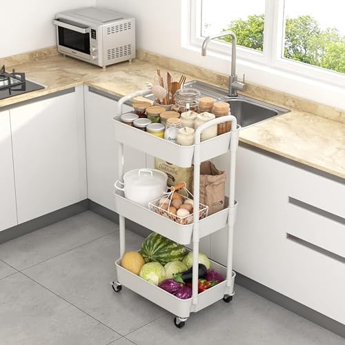 Prince horizon 2-3Tier Utility Rolling Cart Foldable Metal Cart with Caster Wheels Rolling Multifunction Storage Unit with Locking Wheels for Bathroom Kitchen Office (White, 30x46x76 CM)
