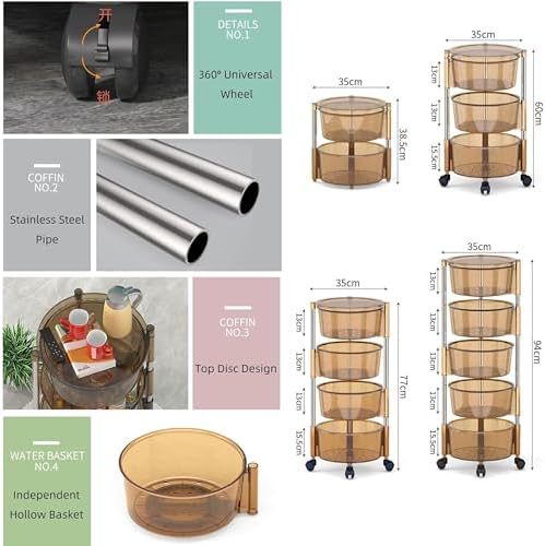 Prince horizone Multi-Layer Kitchen Storage Shelf, Rotatable Kitchen Fruit Vegetable Storage Basket,stainless steel circula Storage Rack Floor Standing, (Black, 35x35x77 CM)