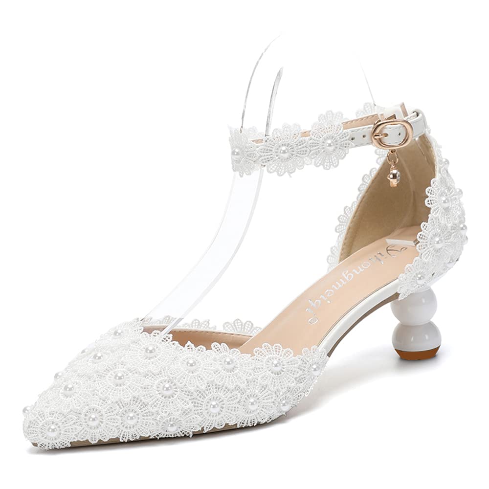 SIZE 40 - Yihongmeiqi Women White Low Heel Toe Pumps Pointy Wedding Bridal Shoes Lace Pearls Party Shoes