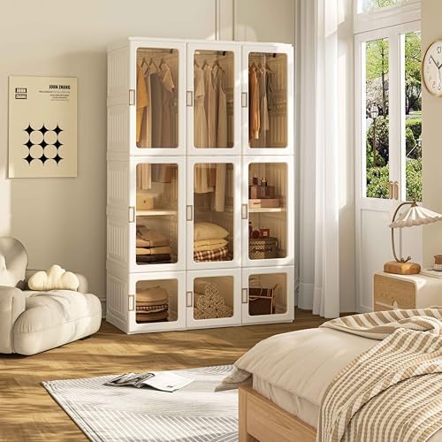 ANTBOX Portable Wardrobe Closet Storage Organizer for Clothes,Transparent Door Panels,Suitable for Living Room, Bedroom,Plastic Wardrobe with Magnetic Door and Easy Assembly (3 Hanging Rod)