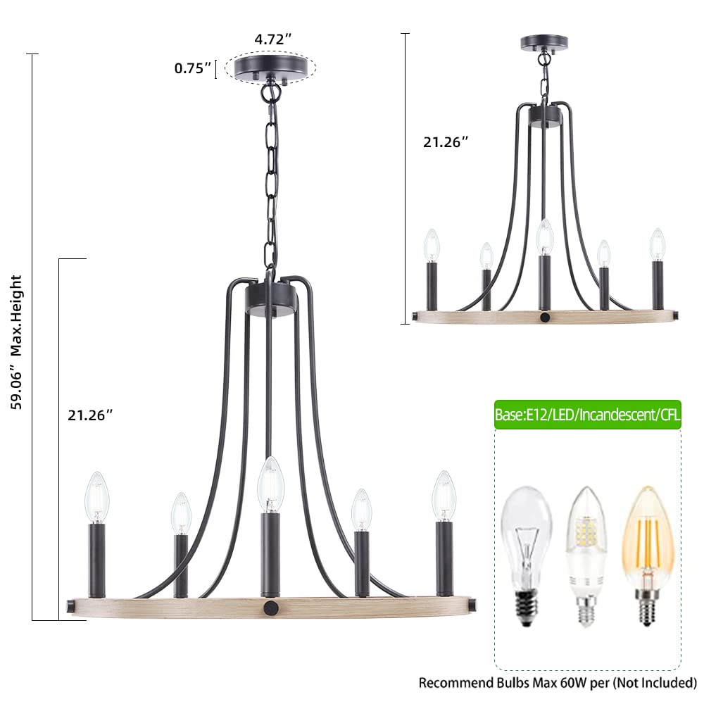 ثريات Wellmet الريفية للمدخل، ثريا شموع ريفية حديثة بخمسة مصابيح على شكل عجلة عربة