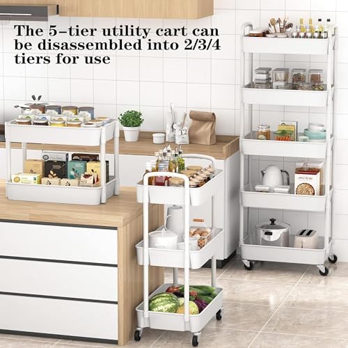 Prince horizon 3-5 Tier Rolling Utility Cart, Multifunctional Metal Frame Storage Cart for Office, Home, Kitchen, Bedroom, Bathroom, Laundry Room (White, 27x44x104 CM)