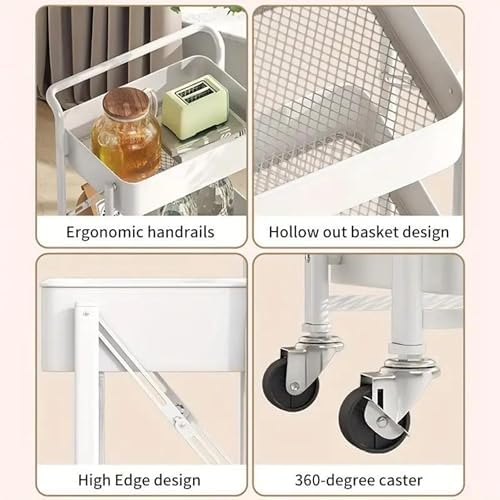 Prince horizon 3 Tier Utility Rolling Cart Foldable Metal Cart with Caster Wheels Rolling Multifunction Storage Unit with Locking Wheels for Bathroom Kitchen (White, 45X30X78 CM)