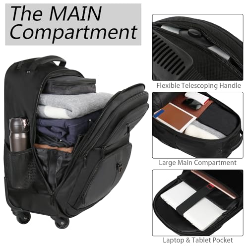 MATEIN Rolling Backpack with 4 Wheels, Roller Travel Laptop Backpack Black