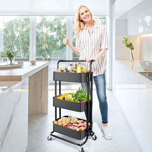 Prince horizon Rolling Storage Utility Cart, Multifunctional Metal Frame Storage Cart for Office, Home, Kitchen, Bedroom, Bathroom, Laundry Room (Black, 39x36x80 CM)