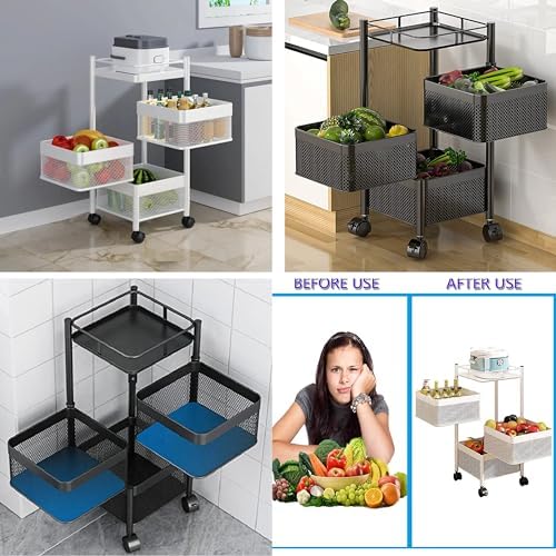 Prince horizon Multi-Layer Kitchen Storage Shelf, Rotatable Kitchen Fruit Vegetable Storage Basket, Storage Rack Floor Standing, (White, 28x28x61 CM)