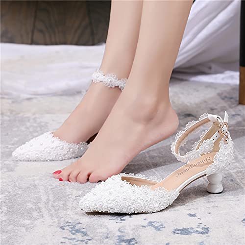 SIZE 40 - Yihongmeiqi Women White Low Heel Toe Pumps Pointy Wedding Bridal Shoes Lace Pearls Party Shoes