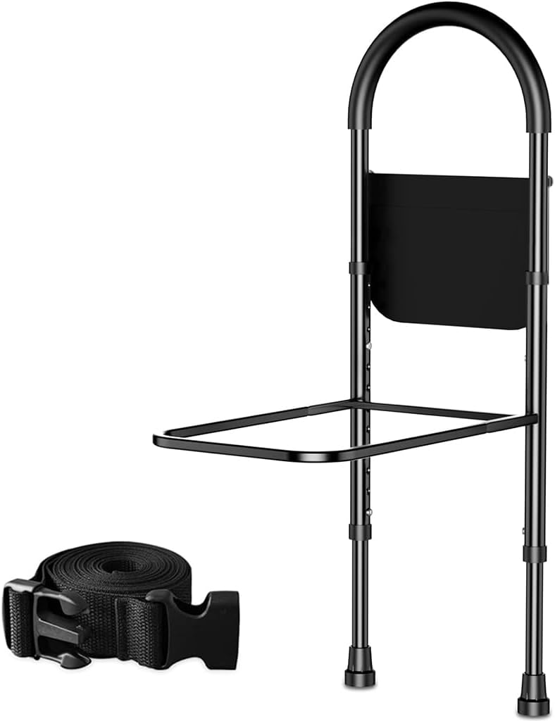 درابزين سرير طبي مقاس كينج من HANNEA® مع ارتفاعات قابلة للتعديل - مع جيب تخزين - لكبار السن مع قضيب مساعد يدوي - سهل الدخول والخروج من السرير بأمان