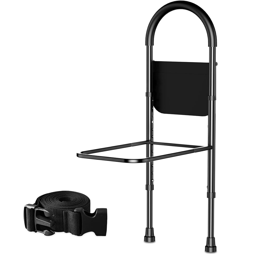 درابزين سرير طبي مقاس كينج من HANNEA® مع ارتفاعات قابلة للتعديل - مع جيب تخزين - لكبار السن مع قضيب مساعد يدوي - سهل الدخول والخروج من السرير بأمان