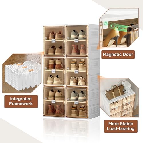 Antbox Shoe Organizer Storage Box, Portable Folding Shoe Rack for Closet with Magnetic Clear Door,Large Sneaker Cabinet Bins All-in-one Sturdy Easy Assembly 6 Layers-12 Grids, Brown (S2-S12-D6)