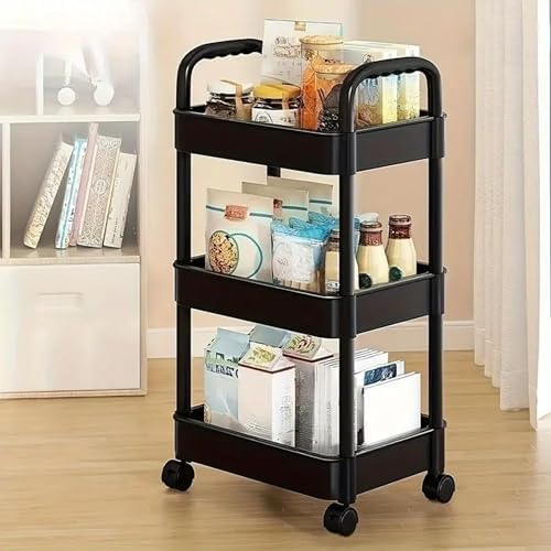 Prince horizon 3-5 Tier Rolling Utility Cart, Multifunctional Metal Frame Storage Cart for Office, Home, Kitchen, Bedroom, Bathroom, Laundry Room (Black, 27x44x64 CM)