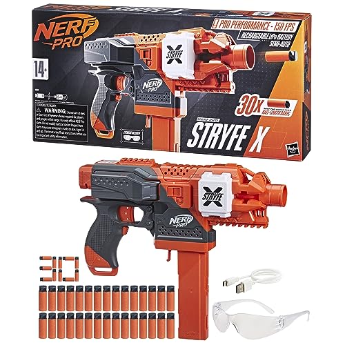 NERF Pro Stryfe X Dart Semi-Auto Blaster, Rechargeable LiPo Battery, 30 AccuStrike Half-Length Darts, 15-Dart Magazine, 150 FPS, Eyewear, 14+ (Amazon Exclusive)