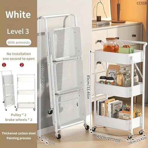 Prince horizon 3 Tier Utility Rolling Cart Foldable Metal Cart with Caster Wheels Rolling Multifunction Storage Unit with Locking Wheels for Bathroom Kitchen (White, 45X30X78 CM)